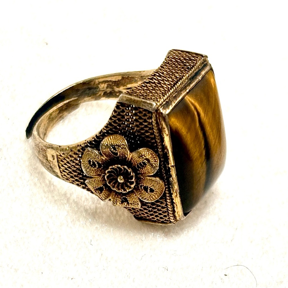 Vintage Tiger’s Eye Silver Floral Filigree Mesh Adjustable Ring, 60’s Retro Ring
